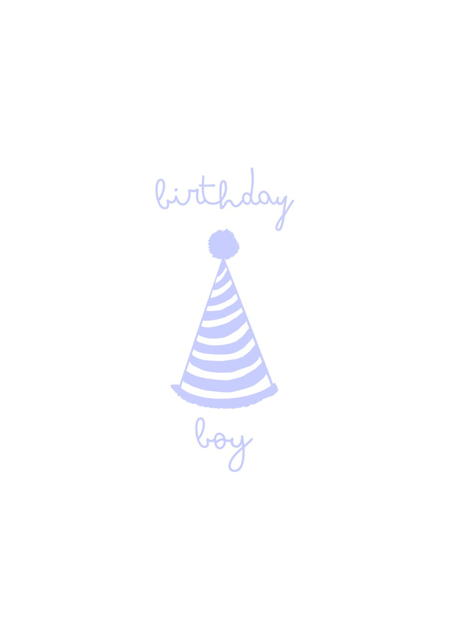hand drawn happy birthday greeting card with blue party hat that says birthday boy.