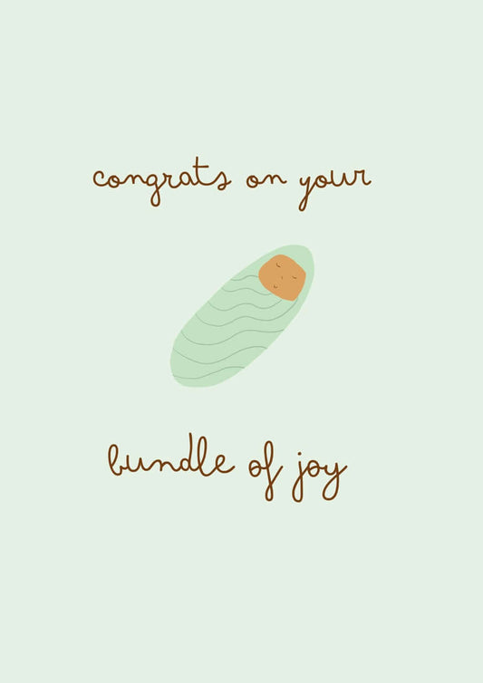 hand drawn green new baby greeting card that says congrats on your bundle of joy.