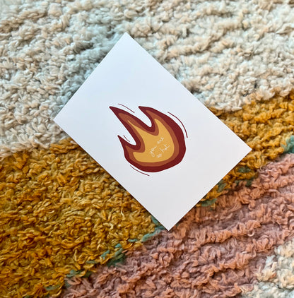 hand drawn greeting card with a red orange and yellow flame that says you are so hot.