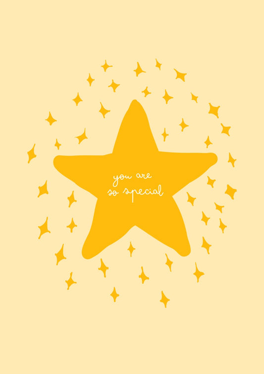 Yellow greeting card featuring a star with the text "you are so special" surrounded by sparkling stars.